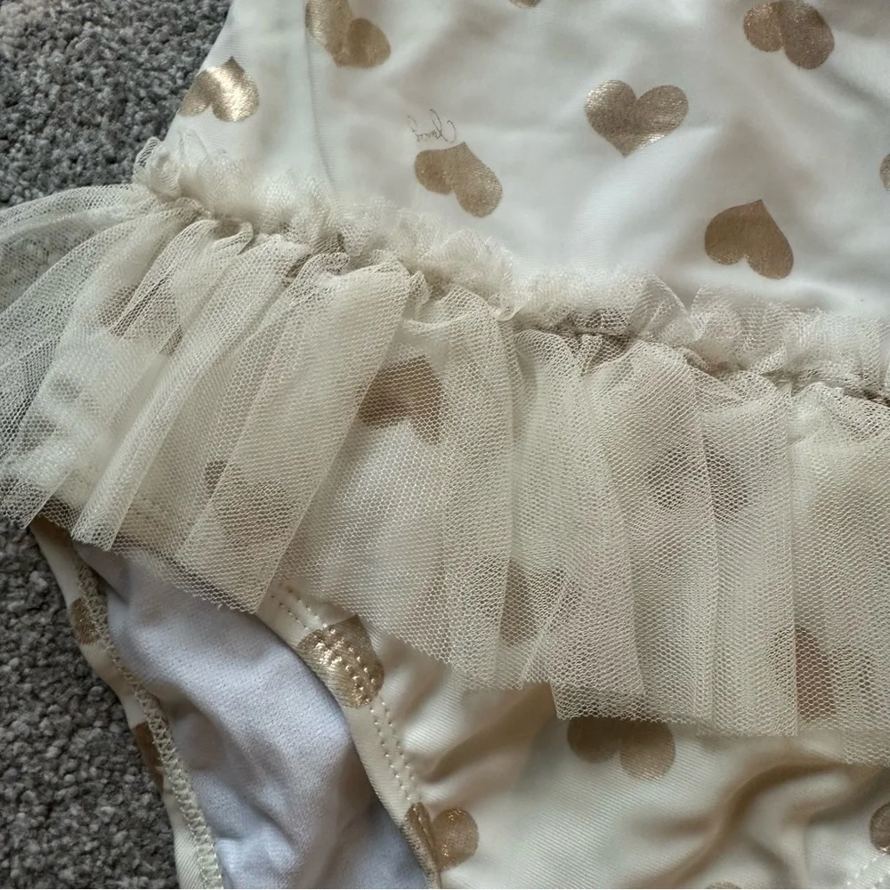 Juicy Couture Ivory and Gold Heart Print Ruffled One Piece Swimsuit Size 6X